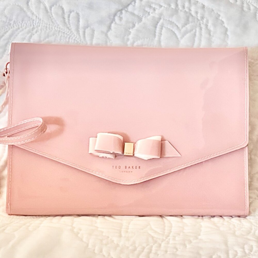 Ted Baker London Cersei Envelope Clutch Wrist Vegan Patent Purse Pink Bow - Picture 6 of 6